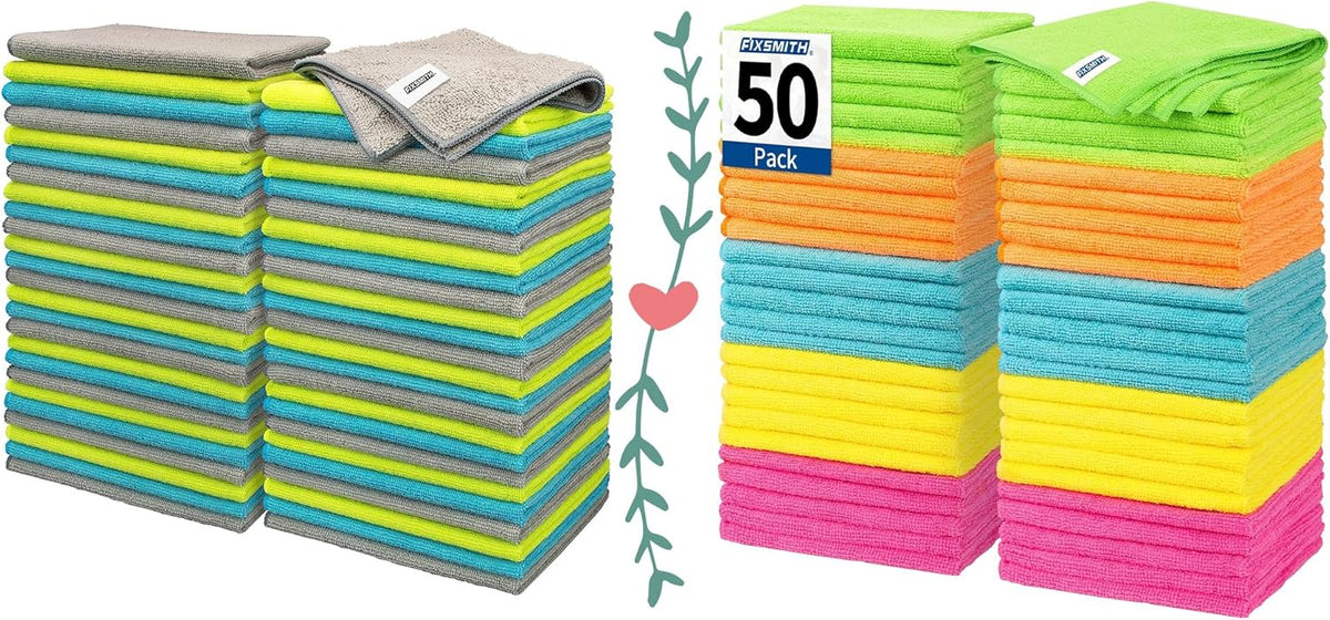 16"X12"Microfiber Cleaning Cloth - Pack of 50 100 Pack Reusable Shop Towels with 5 Colors (Green/Blue/Yellow/Orange/Pink), 12"X12"