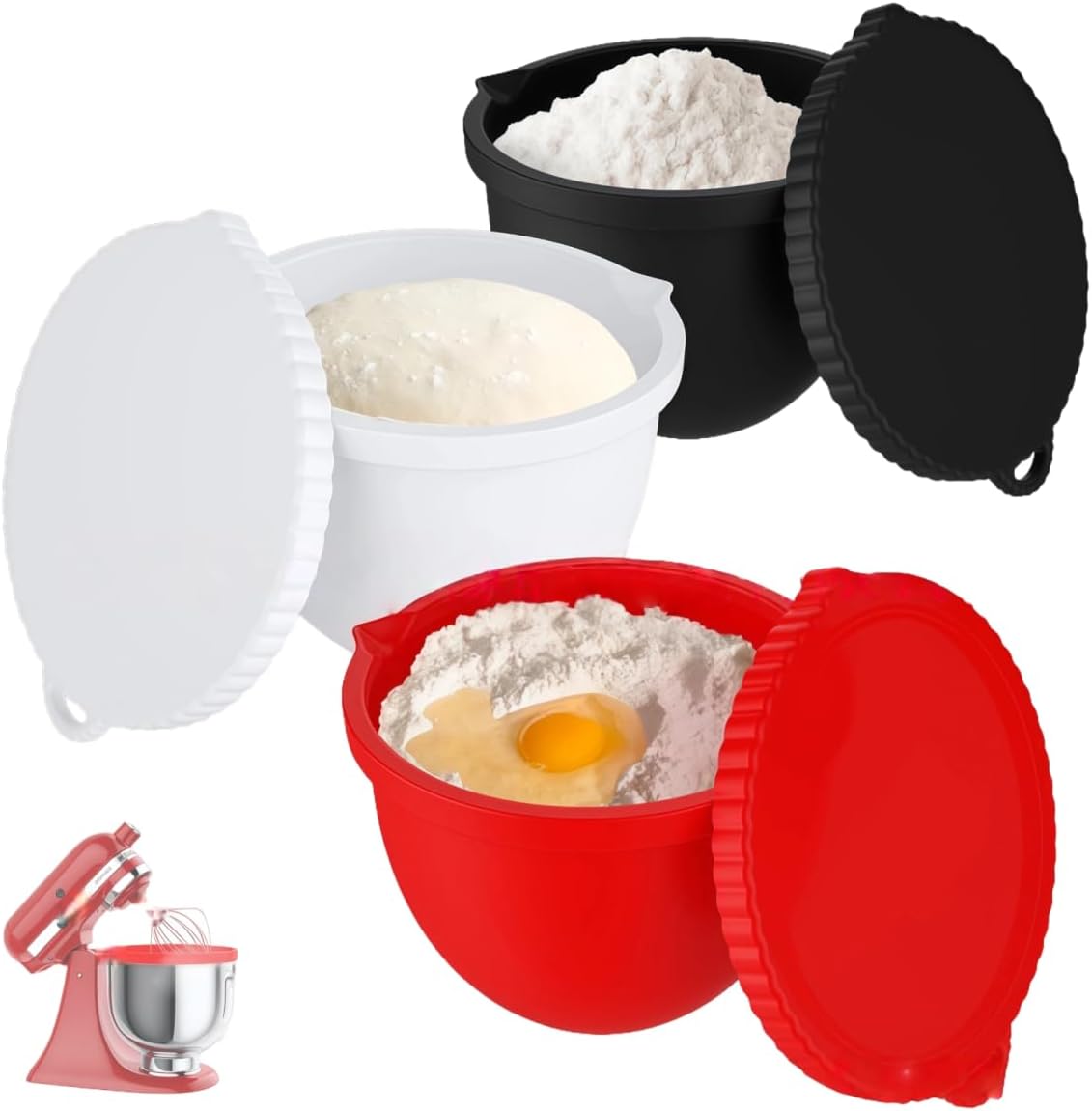 Upgraded Silicone Bowl Liners for KitchenAid 5 Qt Mixers,Thickened Silicone Liners Fits Tilt-Head Stand Mixers,Dishwasher Safe,Replacement Bowl Accessories for Baking (Red & Black & White, 3)