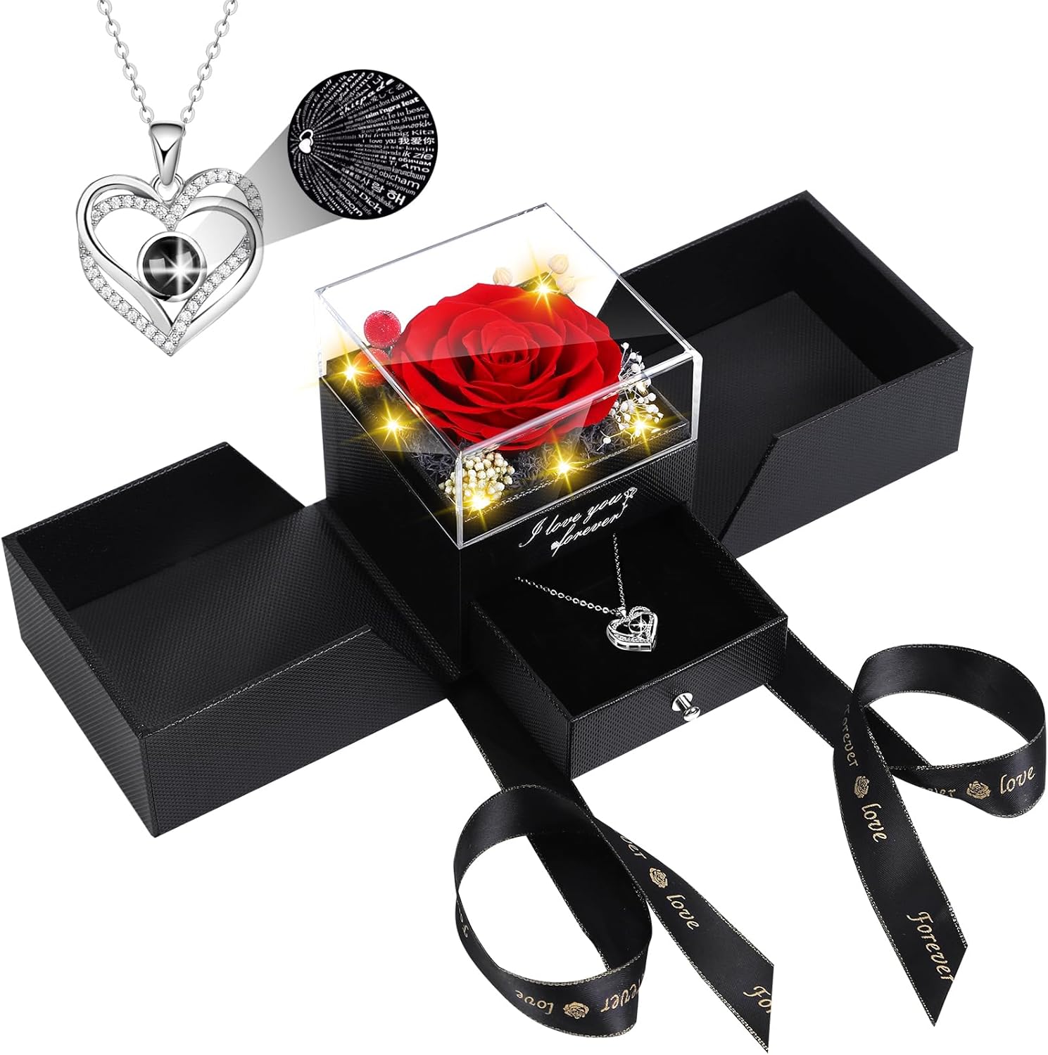 Preserved Red Real Rose Flowers in Box with I Love You in 100 Languages Necklace - Unique Gift for Women Mom Wife Girlfriend  Mother's Day Valentine's Day, Birthday, Christmas