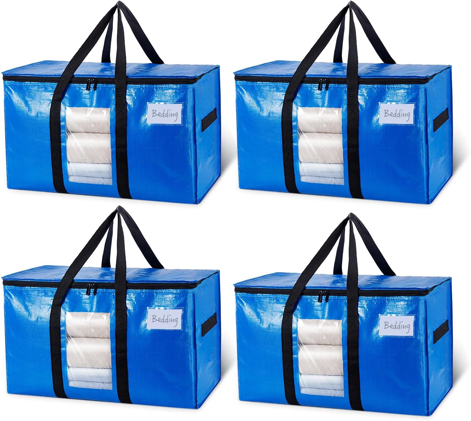 Extra Large Moving Bags, 4 Pack Blue Heavy Duty Totes For Storage with Visible Window, Wrap Around Handles, Storage Bags for Space Saving, Alternative to Moving Boxes