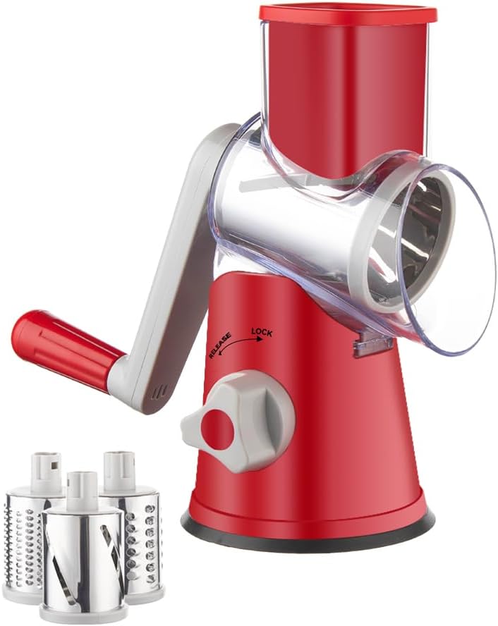Rotary Cheese Grater Hand Crank, Cheese Shredder with 3 Drum Blades, Mandoline Slicer, Food Chopper for Hard Cheese, Vegetable, Nuts, Potato