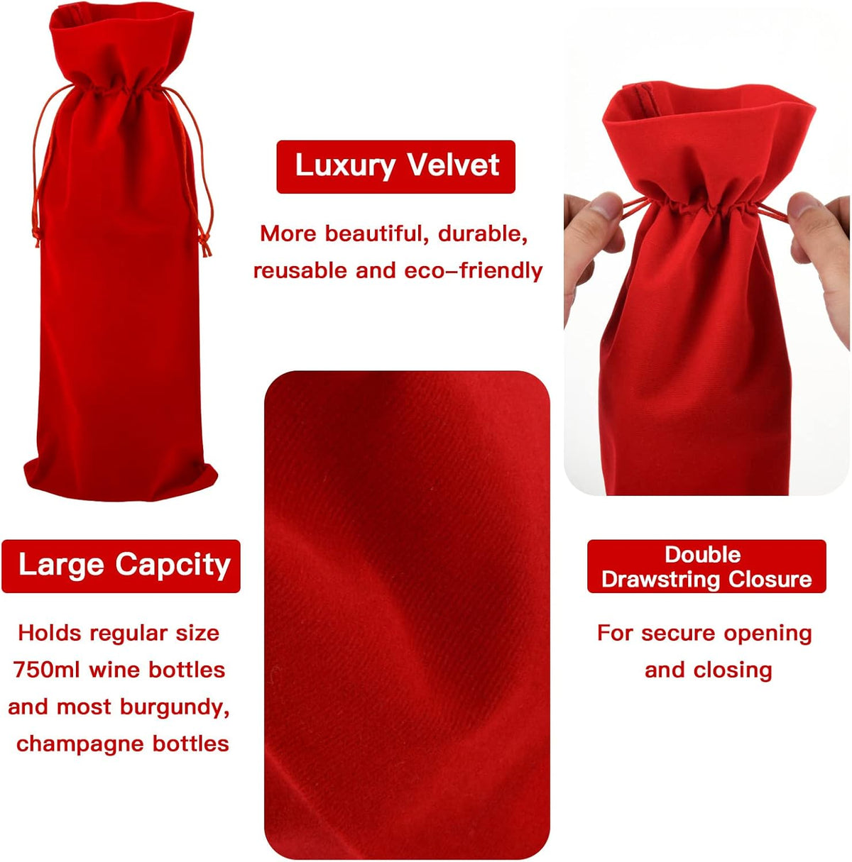 Homakover Luxury Velvet Wine Bag Wine Gift Bags, 6 Pcs Wine Bottle Bags with Double Drawstring Closure, 14.5"x 5.9" Reusable Bottle Bag For Christmas Wedding Birthday Party Holiday Housewarming