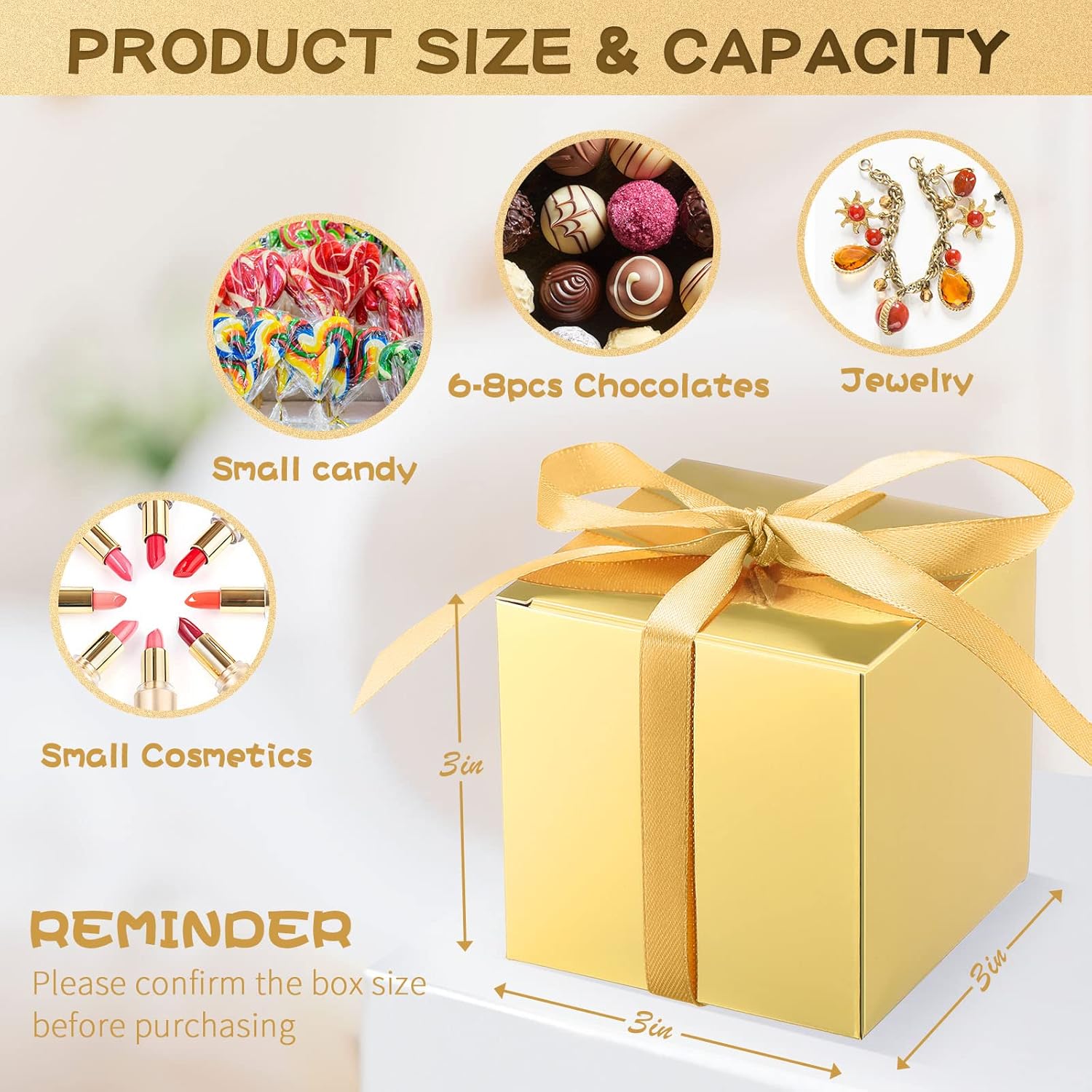 Glenmal 200 Pcs Small Gift Boxes 3 x 3 x 3 Inches Bulk Wedding Favor Candy Boxes with Ribbons Kraft Baby Shower Decorations for Wedding Baby Shower Bridal Shower Birthday Party(Gold)