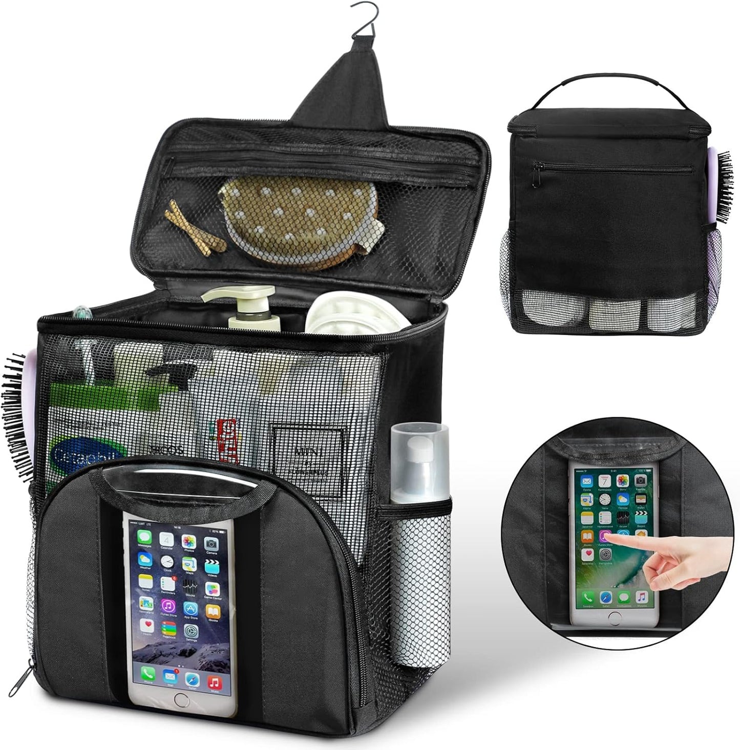 Mesh Shower Caddy Portable Dorm Tote Bag, Quick Dry Hanging Toiletry Bag, Large Capacity Shower Bag for College Dorm Room Essentials for Boys and Girls for Bath Camping (Black)