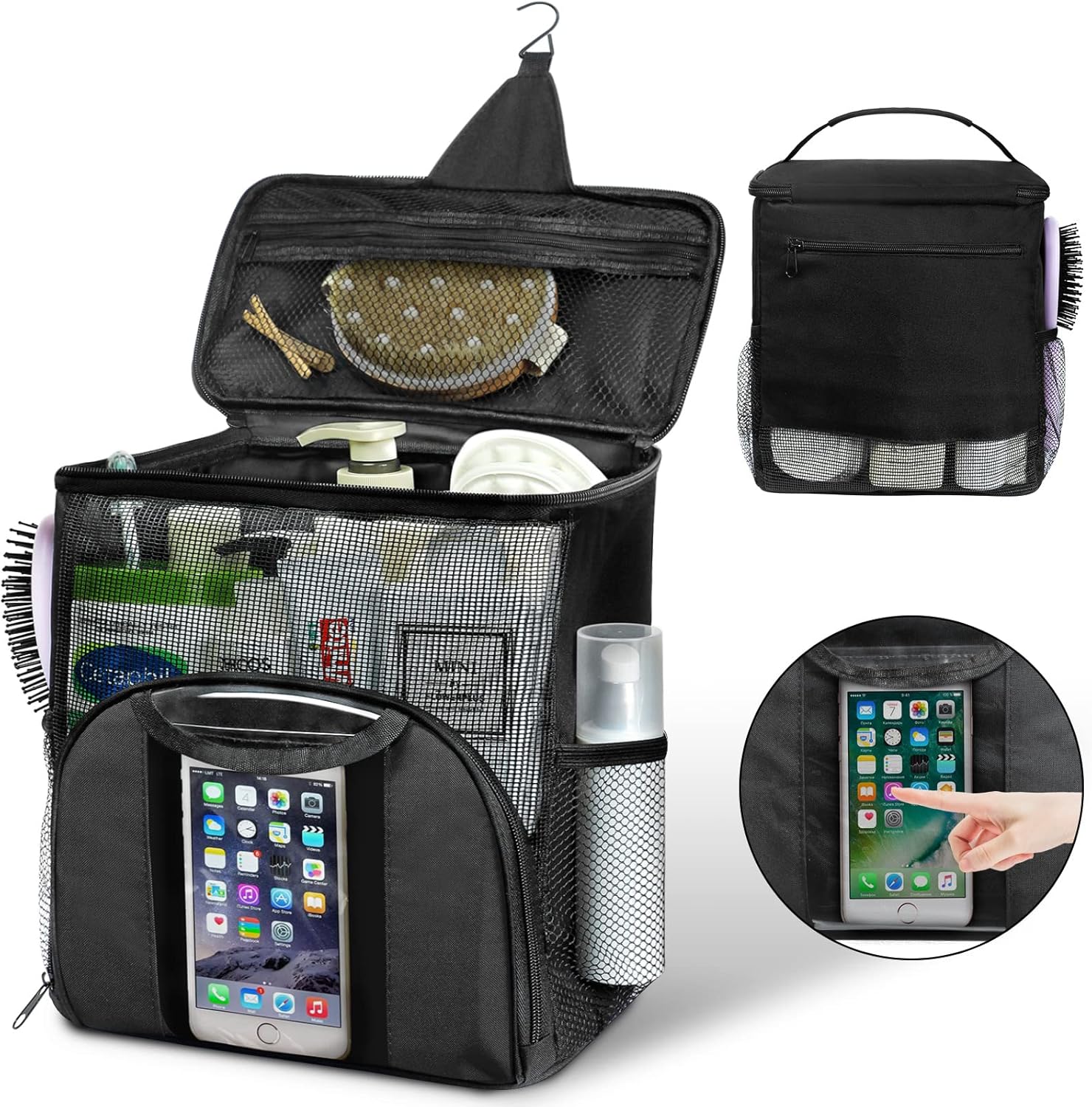 Mesh Shower Caddy Portable Dorm Tote Bag, Quick Dry Hanging Toiletry Bag, Large Capacity Shower Bag for College Dorm Room Essentials for Boys and Girls for Bath Camping (Black)