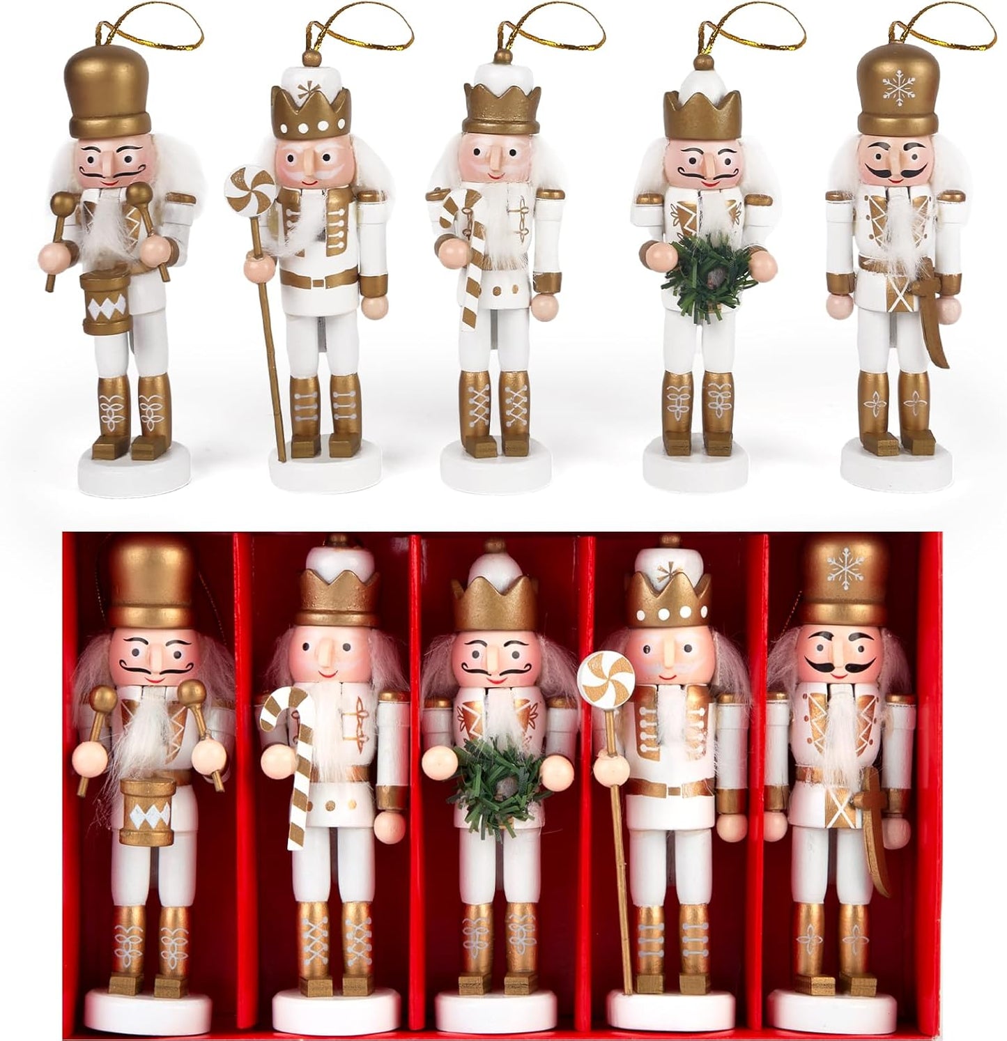 5PCS Nutcracker Christmas Decor, Wooden Nutcracker Hanging Ornaments Soldier for Christmas Tree Gift Shelves Table Decoration (5inch)