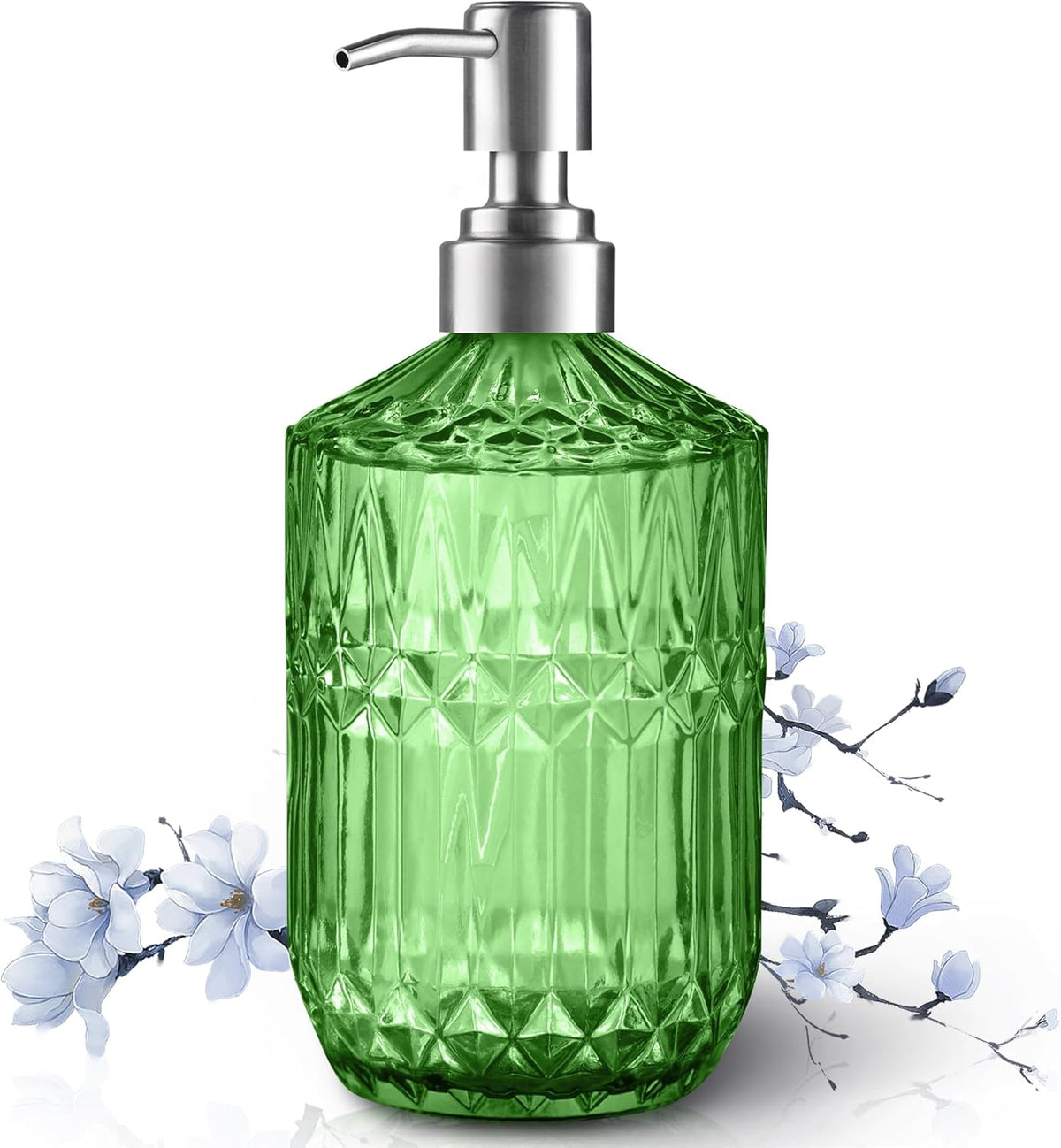 13 Oz Refillable Soap Dispenser, Glass Soap Dispenser for Dispense Hand Soap, Dish Soap, Lotion 2pack (Green)
