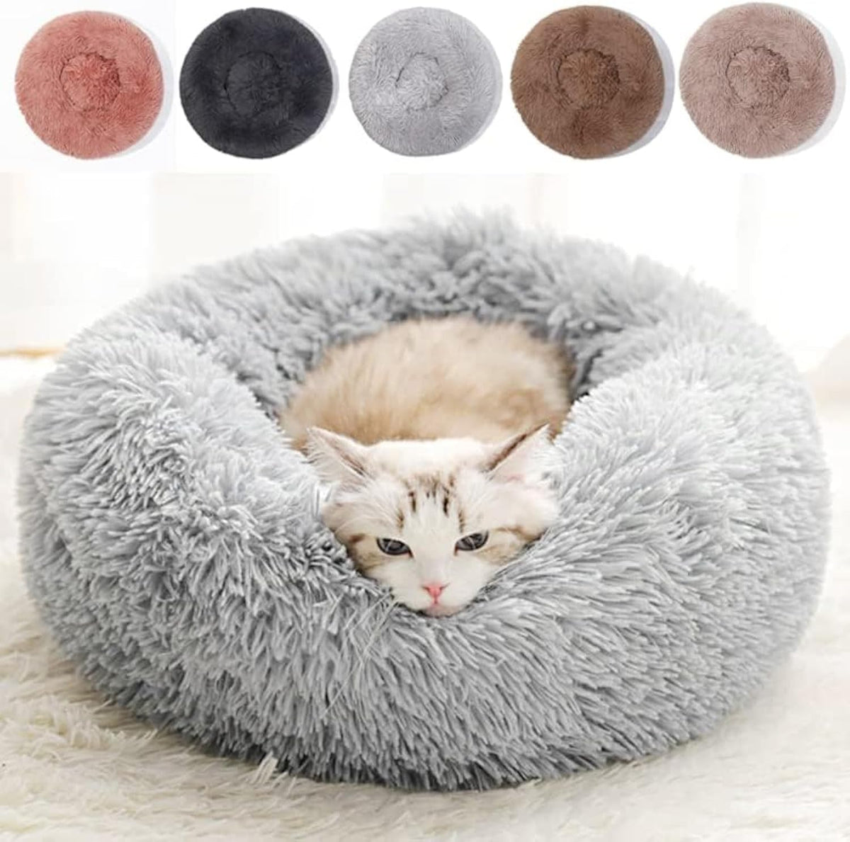 Cat Beds for Indoor Cats - Cat Bed Washable 20 inches, Dog Beds for Small Medium Dogs, Anti Anxiety Round Fluffy Plush Faux Fur Pet Bed, Thick Bottom (Medium, Light Grey)