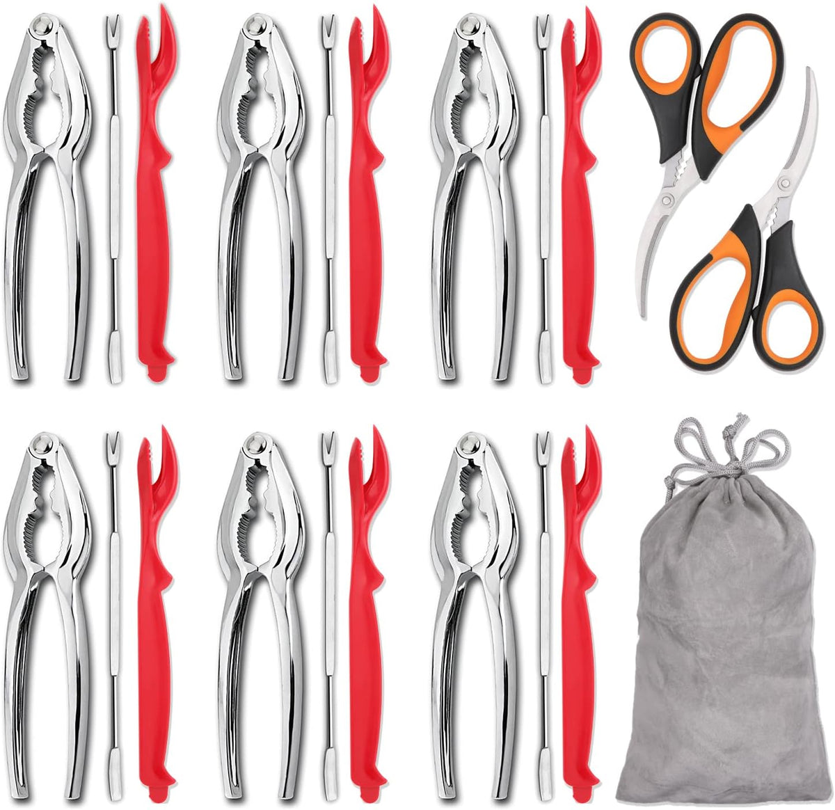 20-piece Seafood Tools Set includes 6 Crab Crackers, 6 Lobster Shellers, 6 Crab Leg Forks/Picks and 2 Seafood Scissors & Storage Bag - Nut Cracker Set