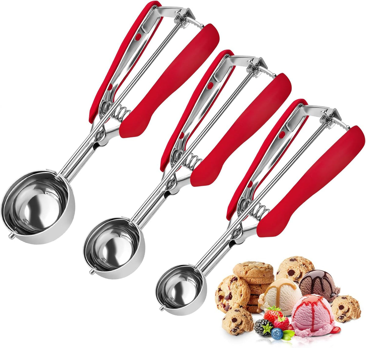 Cookie Scoop,Ice Cream Scoop,3PCS Stainless Steel 1/2 /3 Tablespoon Cookie Scoop,Red Rubber Grips Design,Durable and Effortless,for Ice Cream,Melon Baller and Baking(20#L/ 40#M/ 60#S).