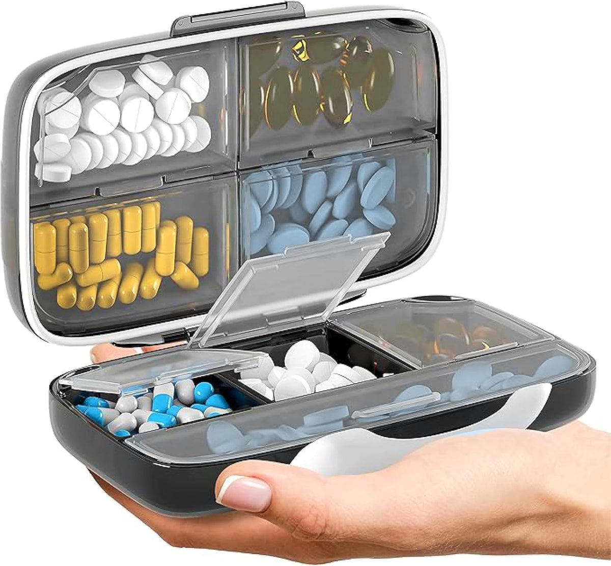 Travel Pill Organizer - Airtight Medicine Case for Traveling Portable Pharmacy Box with Labels Vitamin Container 8 Compartment Supplement Medication Holder Large Capacity Daily Essentials Storage Black