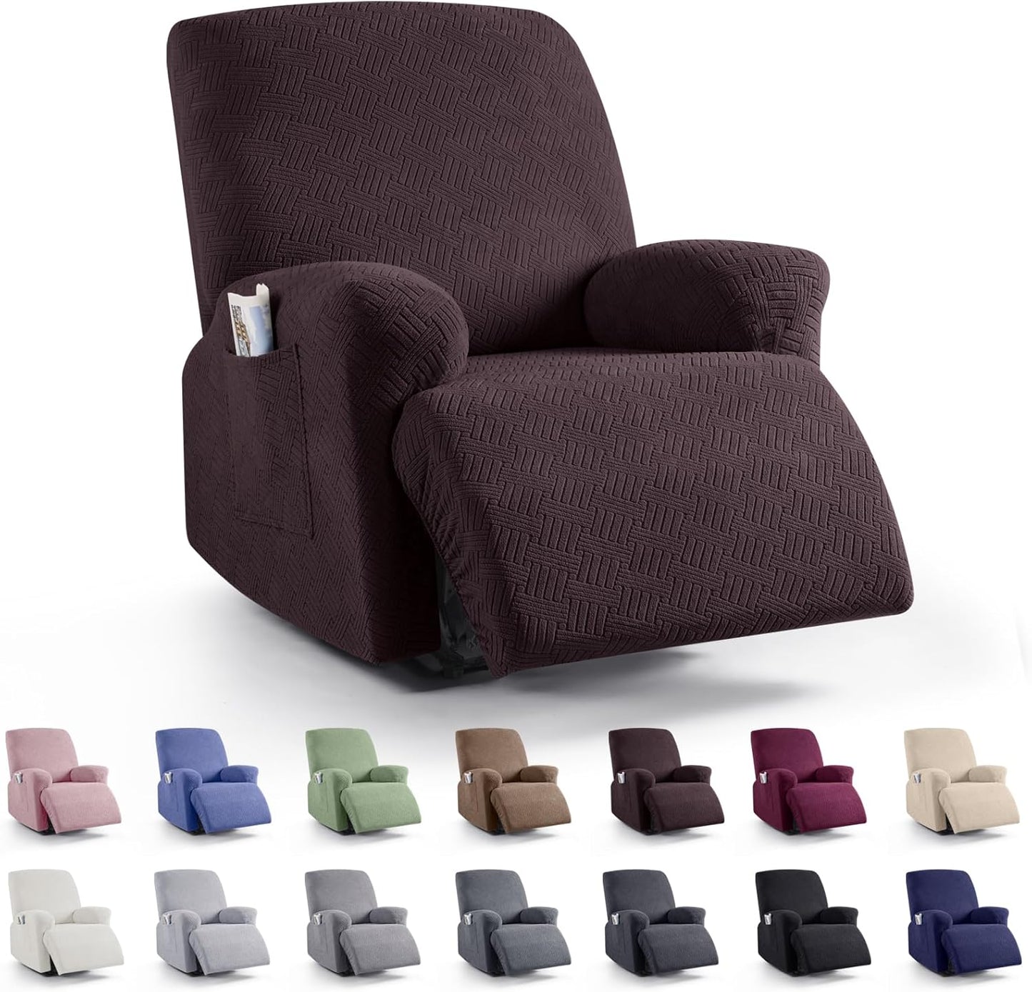Recliner Covers, Stretch Reclining Chair Covers, Recliner Sofa Slipcovers Stripe Jacquard Recliner Couch Covers Furniture Protector Covers for Pet Kid (1 Seater, Dark Coffee)