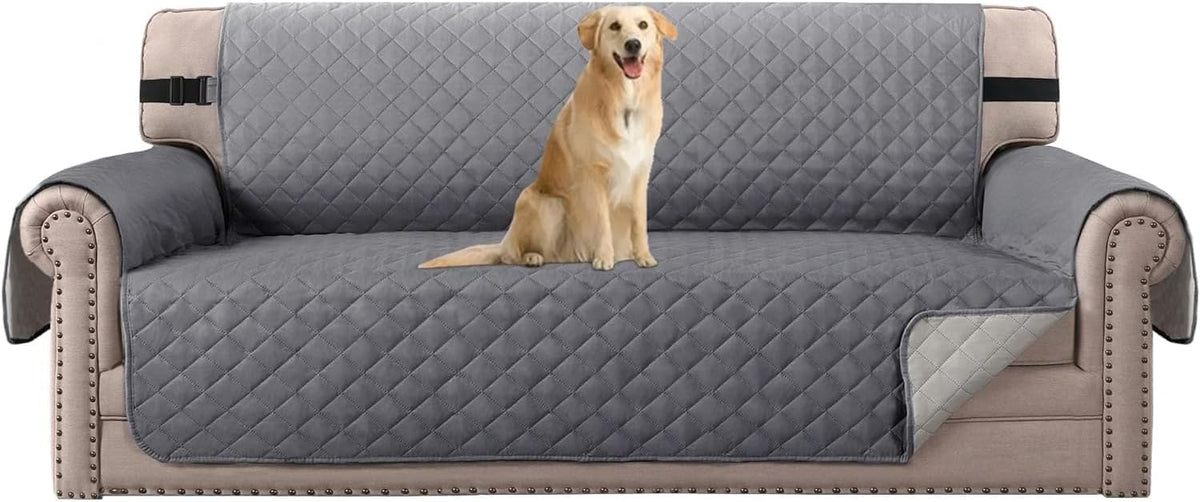 Reversible Sofa Cover for 3 Cushion Couch Water Resistant Couch Cover for Dogs Non Slip Furniture Protector Cover with Elastic Strap for Pet Cat (Seat Width: 66", Grey/Beige)