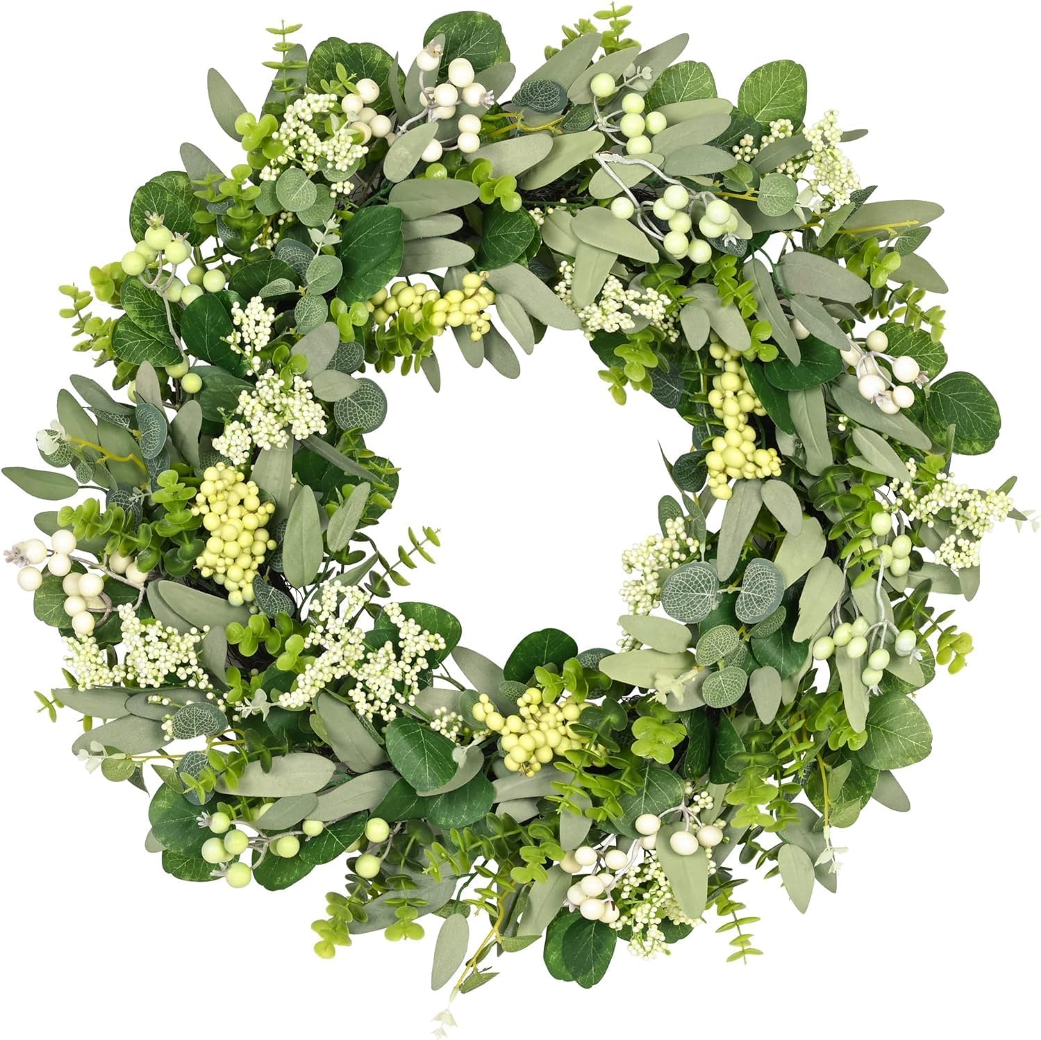 Green Eucalyptus Leaves Front Door Wreath,  24 Inch Artificial Spring Summer Greenery Wreath Front Door Decoration Boxwood with Big Berries Farmhouse Outdoor Year-Round - Indoor/Outdoor