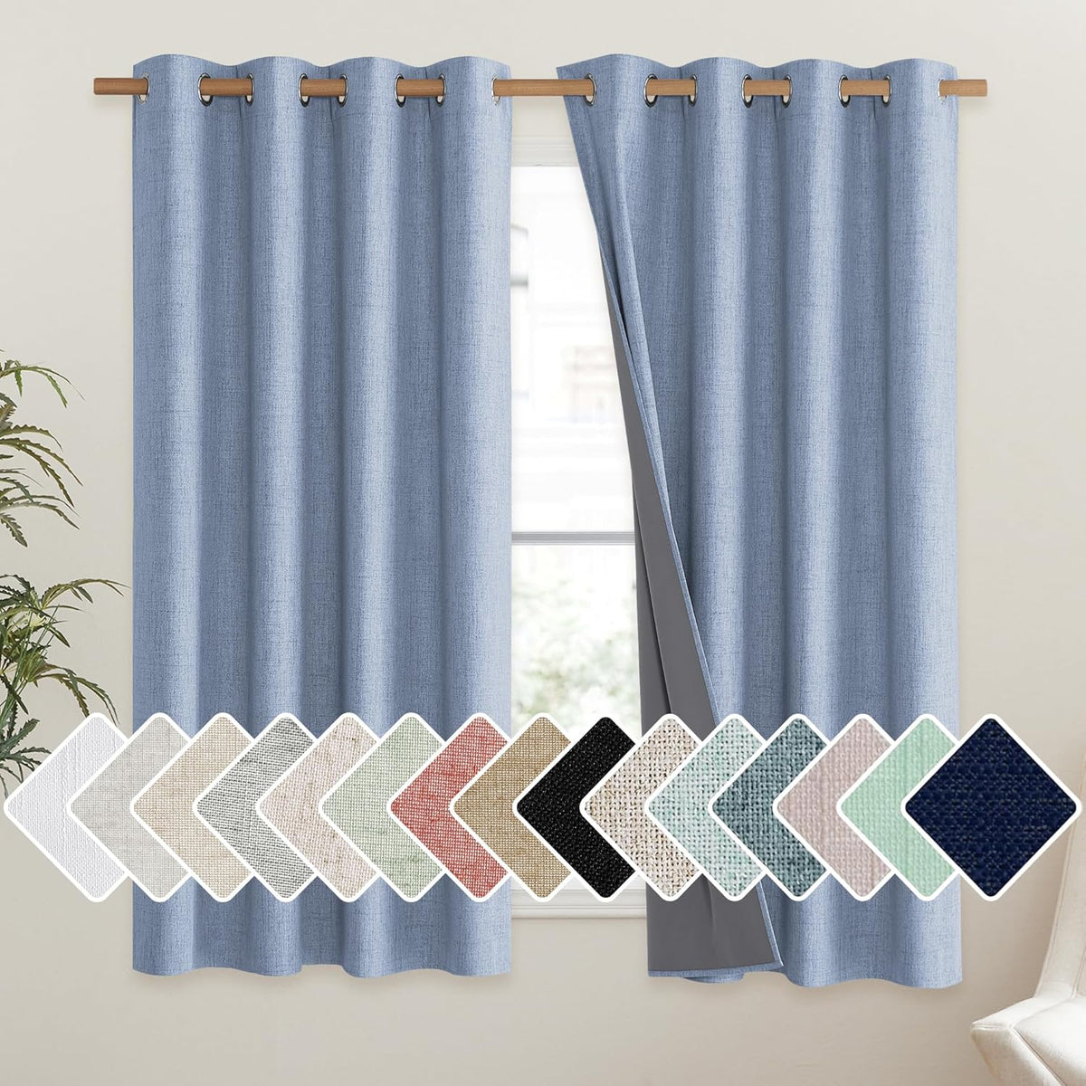 Stone Blue Vintage Linen 100% Blackout Curtains for Living Room,Thermal Insulated Curtains 63" Long,Noise Reducing Window Treatment Drapes for Hall Room,52" Wide Per Panel,Set of 2