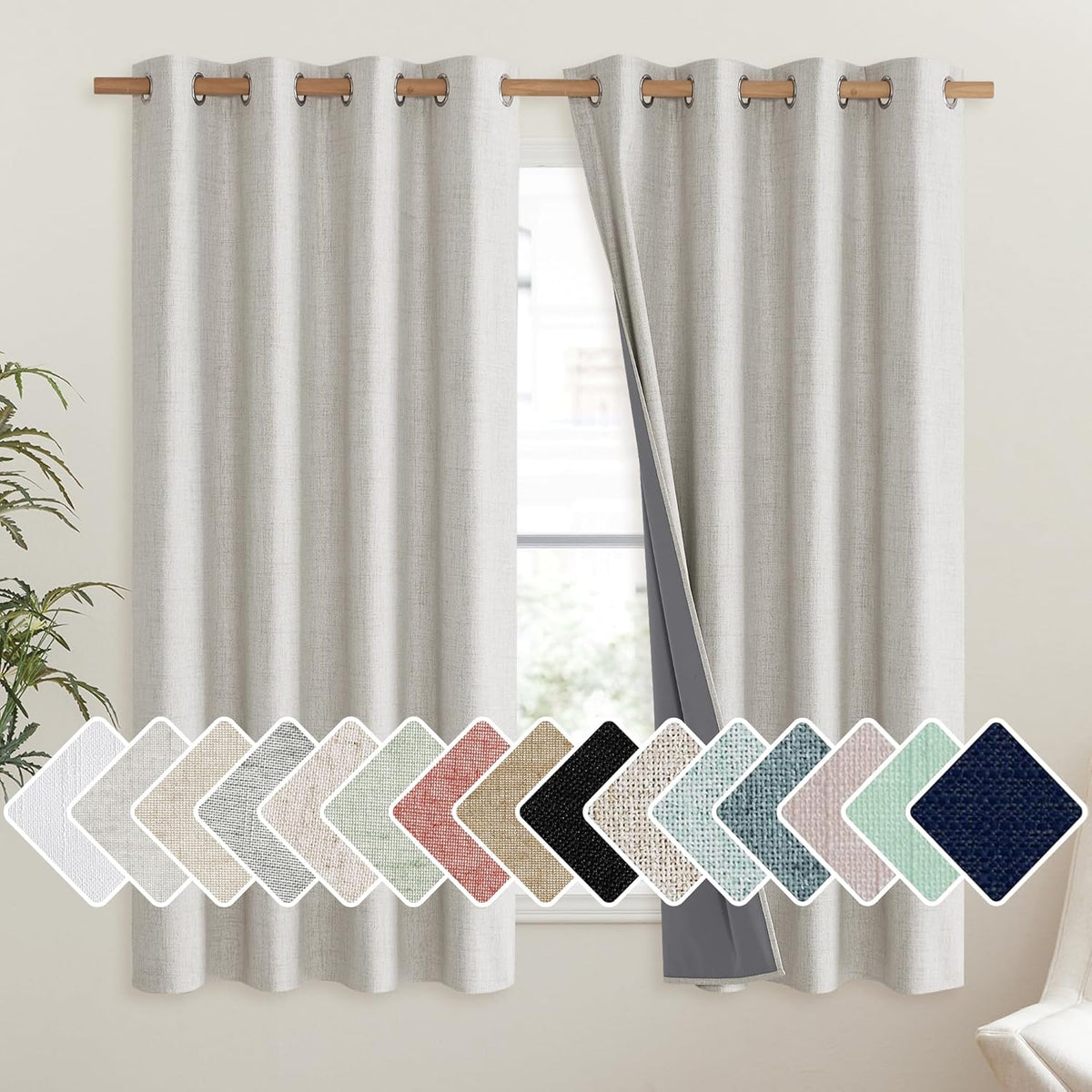 Snowbound Vintage Linen 100% Blackout Curtains for Living Room,Thermal Insulated Curtains 63" Long,Noise Reducing Window Treatment Drapes for Hall Room,52" Wide Per Panel,Set of 2