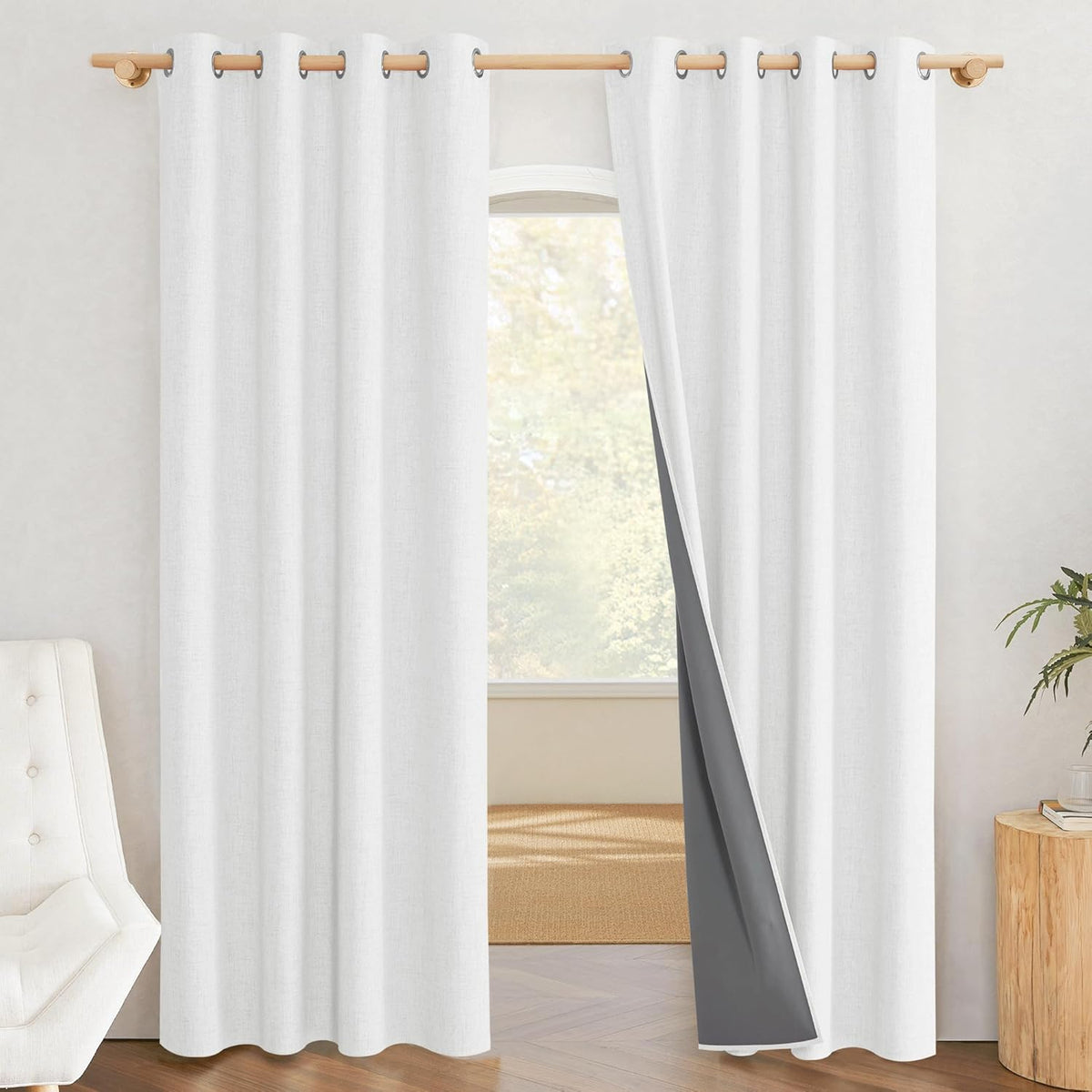 100% Absolutely Blackout Linen Curtains with Thermal Insulated White Liner,Greyish White,52" Wide,84" Length Energy Saving Curtains for Living Room 2 Panels Set,Vertical Blinds