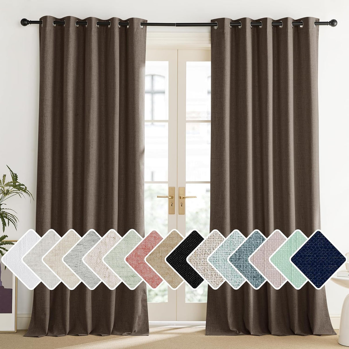 Coffee Vintage Linen 100% Blackout Curtains for Living Room, Thermal Insulated Curtains 95“ Long, Noise Reducing Window Treatment Drapes for Home Office, 62" Wide Per Panel, Set of 2