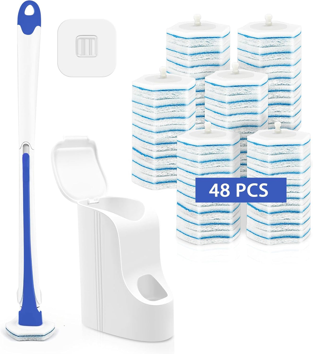 Disposable Toilet Brush with 48PCS Wand Cleaner Refills, Wall Mounted Toilet Bowl Brush Holder Set, Bathroom Cleaning System for Sink Bathtub Wash Basin (Blue)