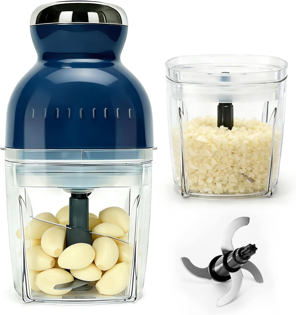 Electric Garlic Press,Food Chopper with 17oz Glass Bowl, For Chopping,Grinding,Mincing,Whisking,Meal Prep,250W,Blue