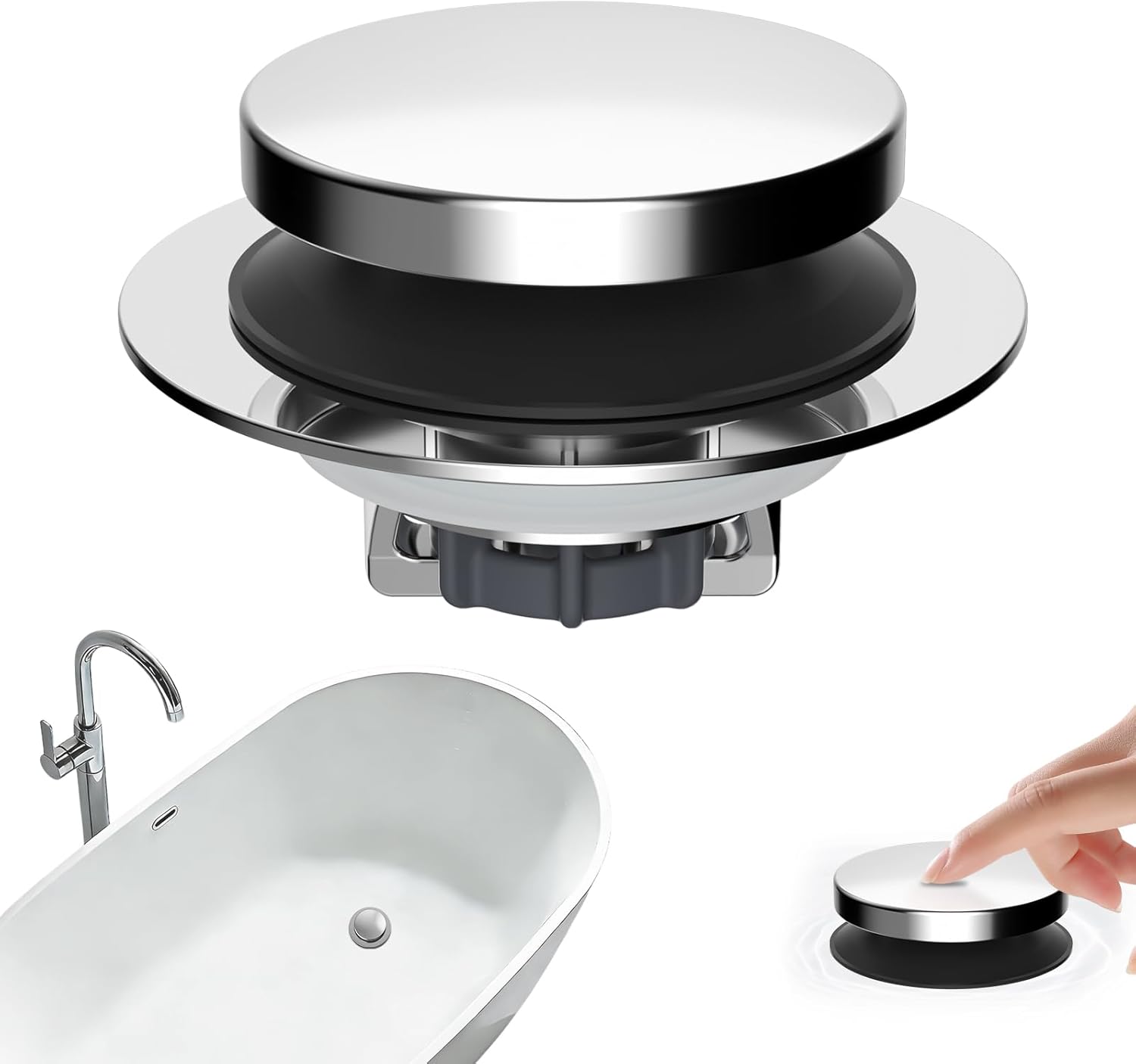 3 in 1 Metal Bathtub Drain Stopper, Universal Pop Up Tub Stopper, Bathtub Drain Hair Catcher, Removable Filter Basket, Anti-Clogging Drain Plug for 1.5''~2.4'' Drain, Brass Bullet Core, Chrome