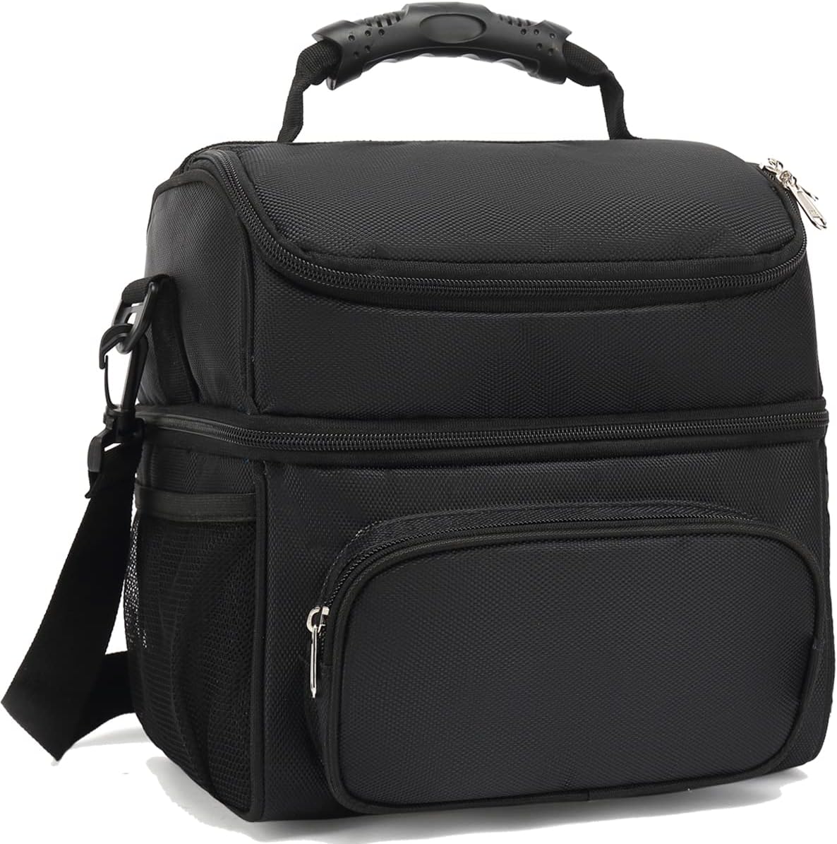 Insulated Lunch Bag Adult Lunch Box Large Tote Double Layer Cooler for Men, Women, with Adjustable Strap,Front Pocket and Mesh Side Pockets,Black