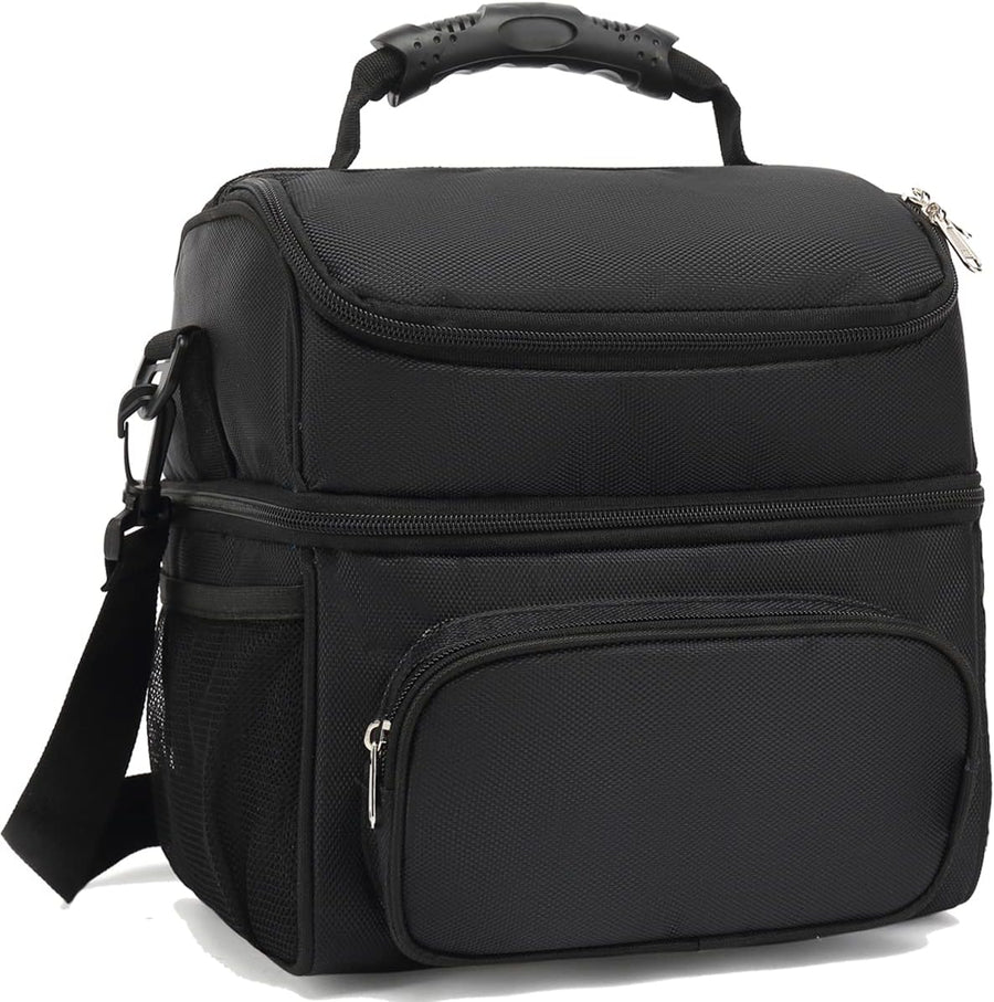 Insulated Lunch Bag Adult Lunch Box Large Tote Double Layer Cooler for Men, Women, with Adjustable Strap,Front Pocket and Mesh Side Pockets,Black