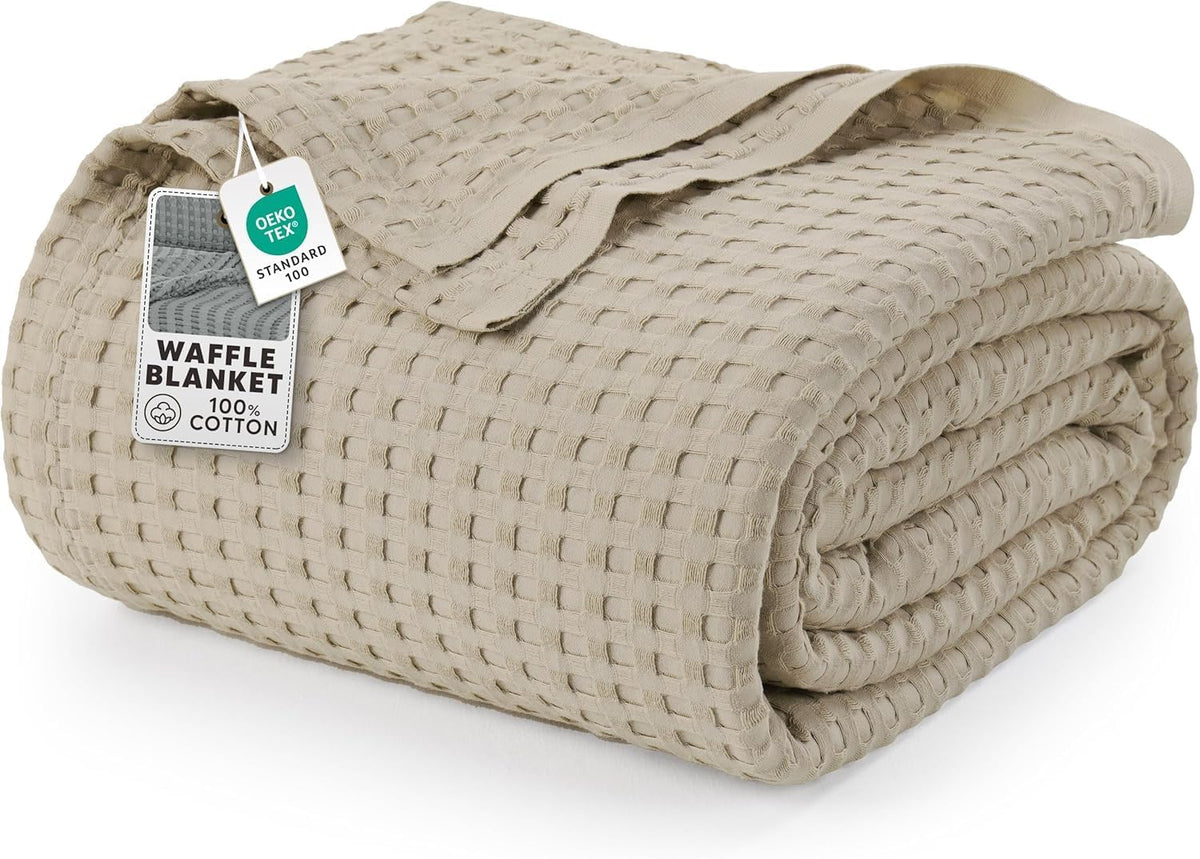 100% Cotton Khaki Waffle Blanket (Big Size - 120x120 Inch) Soft Lightweight Cozy Breathable Bed Blanket for All Seasons