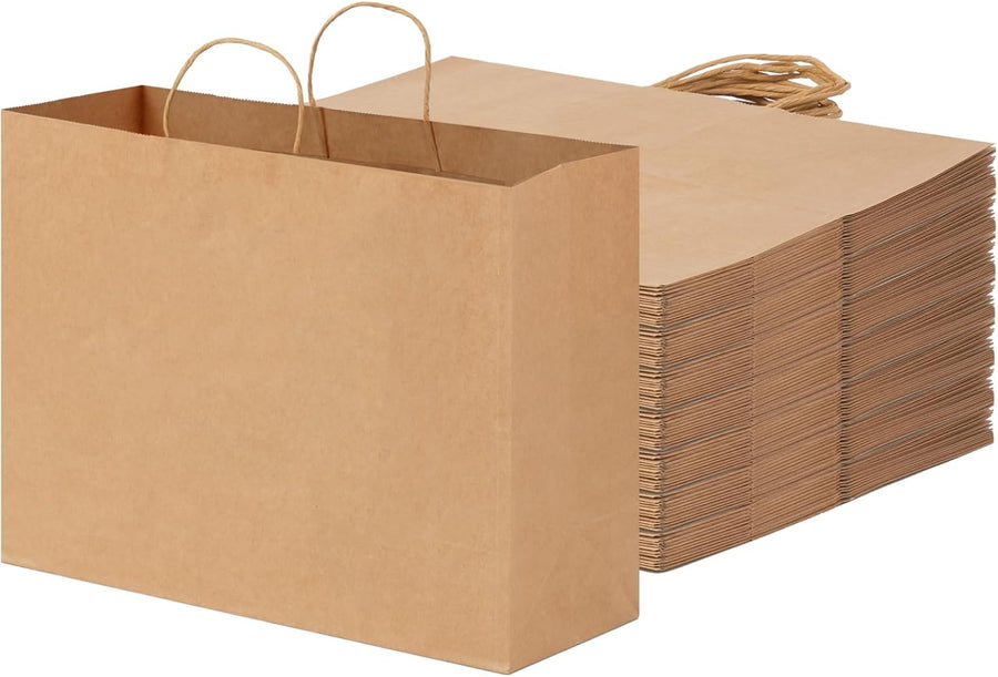 60pcs 16x6x12 Inch Large Paper Bags with Handles, Kraft Brown Paper Gift Bags for Business, Merchandise, Gifts, Shopping, Retail Stores, Birthday Party