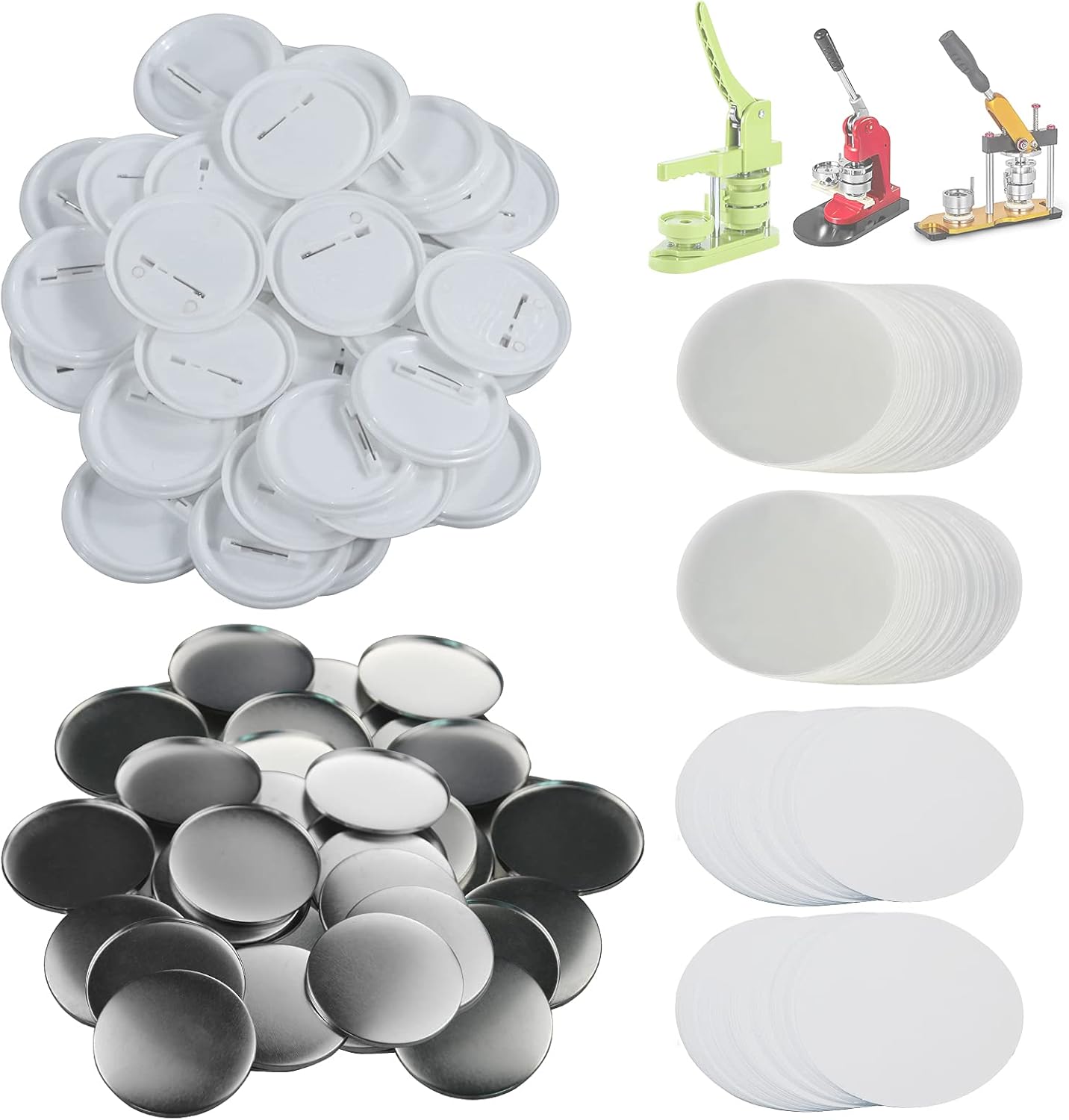 200 Sets 58mm(2.25 in) Blank Pin Back Buttons Parts for Button Maker Machine 58mm, Round Badge Making Supplies, Includes Metal Cover, Plastic Button Back Cover, Clear Film&Blank Paper