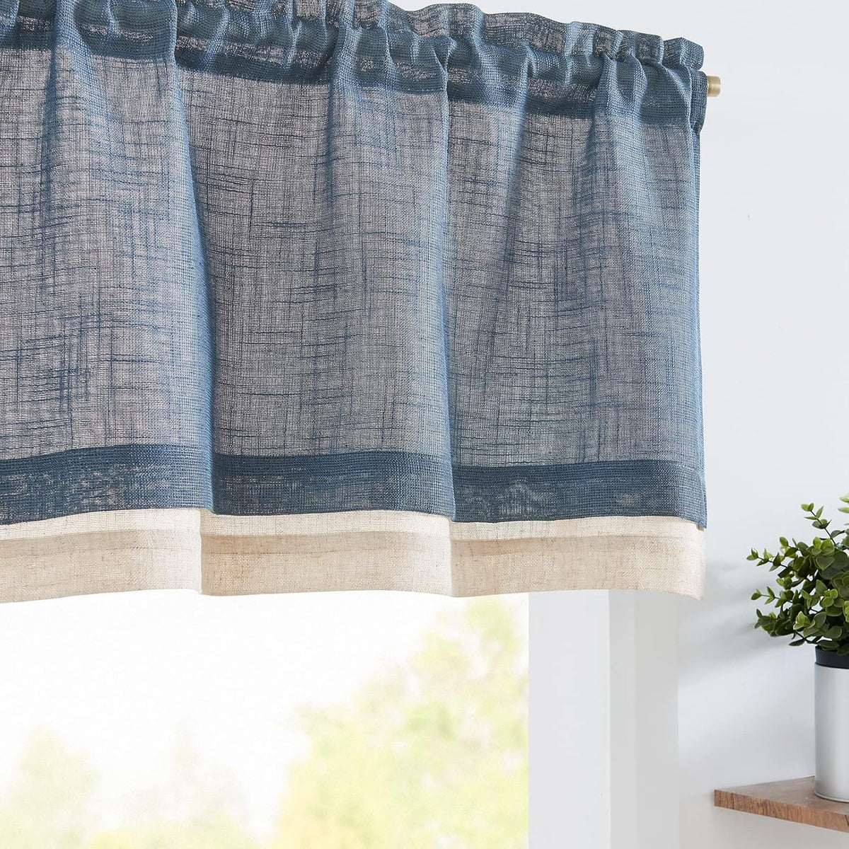 Linen Valance for Farmhouse Living Room Windows 16 Inch Slubbed Crossed Double Layer Window Valance Light Filtering Rustic Country Overlay Rod Pocket 1 Panel Navy Blue
