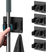 Mop Broom Holder No Drill, Mop Broom Organizer Wall Mounted Heavy Duty with Hooks Hanger, Self Adhesive Stainless Steel 4Pcs for Bathroom, Kitchen, Office (Black)