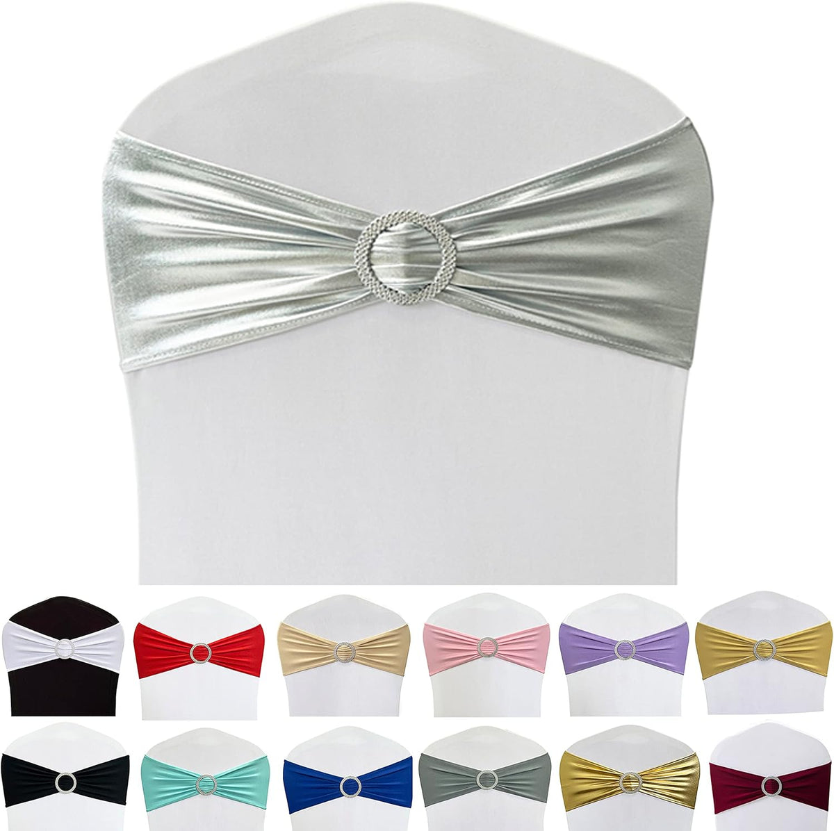 Spandex Chair Sashes Bands 50PCS Stretch Chair Ties Bows with Buckle Slider for Wedding Party Banquet Decoration(Metallic Silver)…