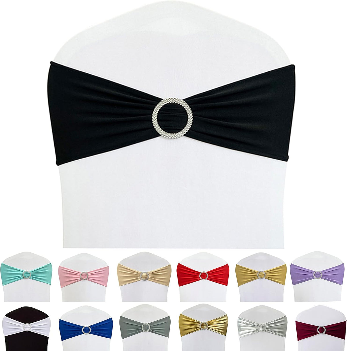 Spandex Chair Sashes Bands 50PCS Stretch Chair Ties Bows with Buckle Slider for Wedding Party Banquet Decoration (Black)…