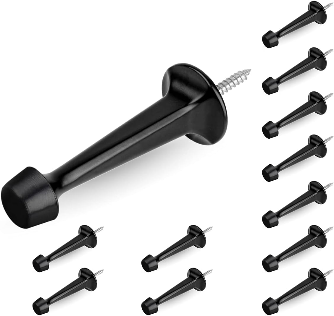 12 Pack Heavy Duty Solid Rigid Door Stop with Soft Rubber Tip, Zinc Die Cast Door Stopper Protect Wall & Door, Black