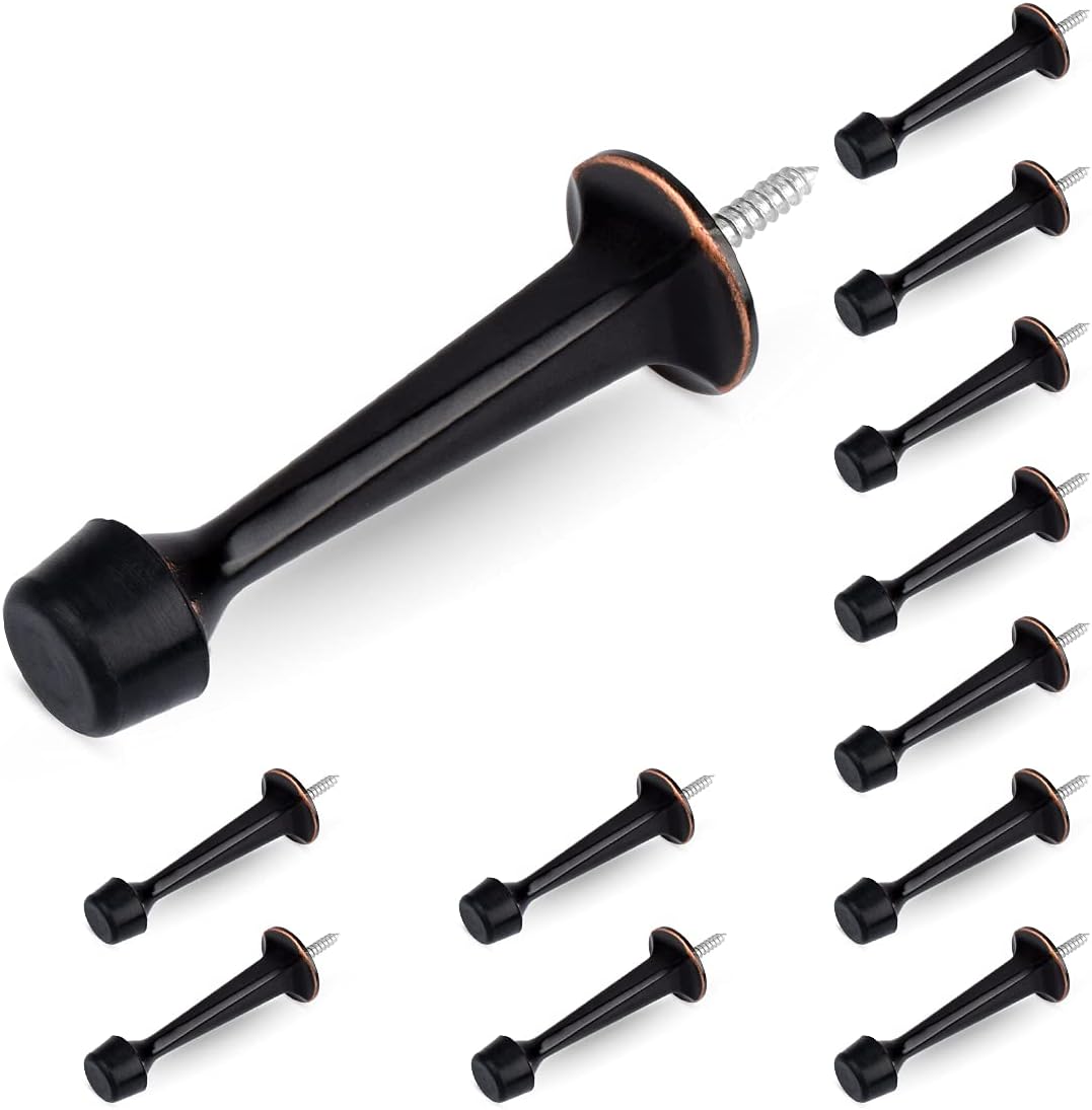 12 Pack Heavy Duty Solid Rigid Door Stop with Soft Rubber Tip, Zinc Die Cast Door Stopper Protect Wall & Door, Oil Rubbed Bronze