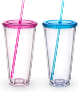 Clear Acrylic Tumbler with Straw and Lid 32 oz, Double Walled Insulated Reusable Plastic Iced Coffee Cup, To Go Cup Perfect for Parties, Birthdays, Fit in Cupholder, BPA Free, Red & Blue 2 Pack