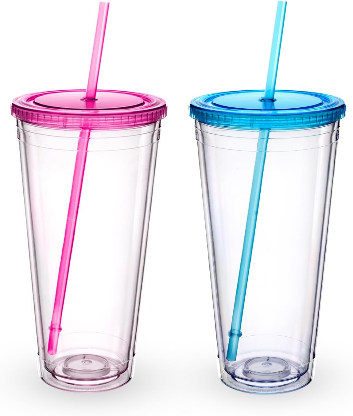 Clear Acrylic Tumbler with Straw and Lid 32 oz, Double Walled Insulated Reusable Plastic Iced Coffee Cup, To Go Cup Perfect for Parties, Birthdays, Fit in Cupholder, BPA Free, Red & Blue 2 Pack