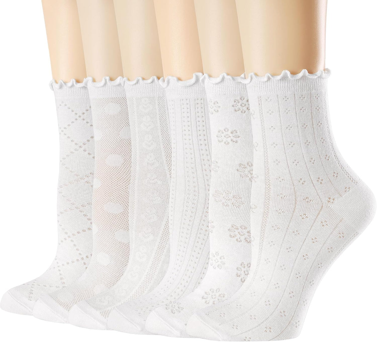 Women's Ruffle Socks Casual Lace Cotton Crew Summer Ultra Thin Cute Frilly Ankle Socks for Women 6 Pairs