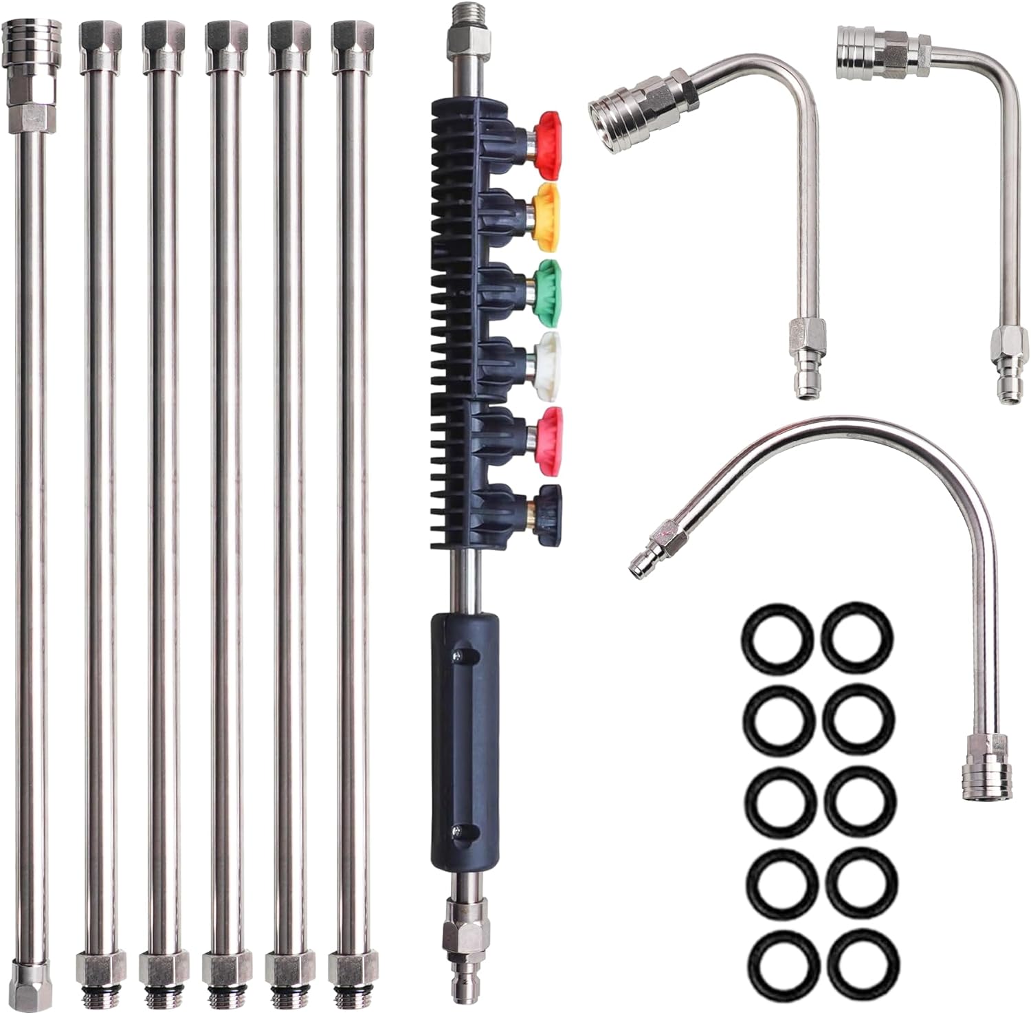 Pressure Washer Extension Wand, 10 Pack Power Washer Lance with 6 Atomization Nozzle Tips,1 Gutter Cleaner Attachment Curved Rod, 1/4" Quick Connect, 4000 PSI