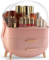 Covered Makeup Cosmetic Countertop - Large Cosmetic Organizer - Trendy Oval Shape Storage for Skin Care Organizer - Clear Lid, Storage Drawers, Carry Handle - Cute Stylish Decor Solution (Pink)