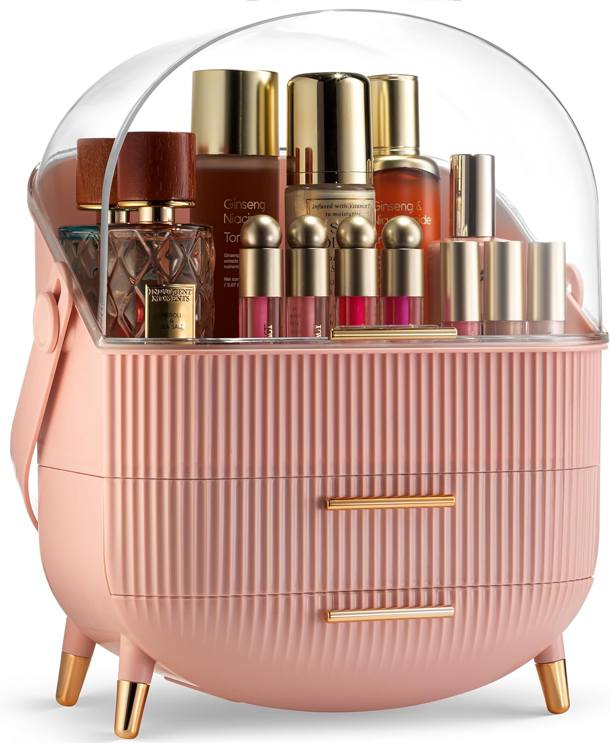 Covered Makeup Cosmetic Countertop - Large Cosmetic Organizer - Trendy Oval Shape Storage for Skin Care Organizer - Clear Lid, Storage Drawers, Carry Handle - Cute Stylish Decor Solution (Pink)