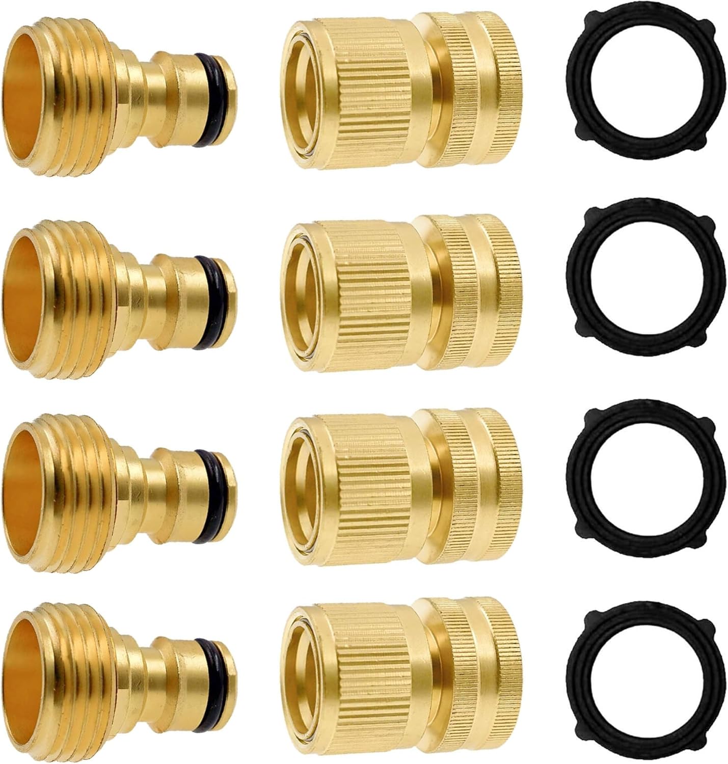 Garden Hose Quick Connector, Solid Brass 3/4 Inch GHT Thread Garden Quick Connect Kit, Male and Female No-Leak Water Hose Fittings (4 Set)