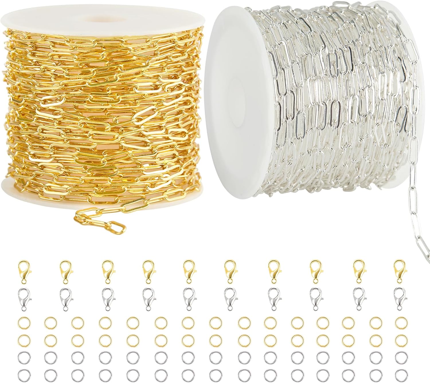 2 Rolls Paperclip Chain for Jewelry Making 32.8 Feet Jewelry Chain Links Silver and Gold Chains Bulk with Lobster Clasps and Jump Rings for DIY Craft Finding Jewelry Making Supplies