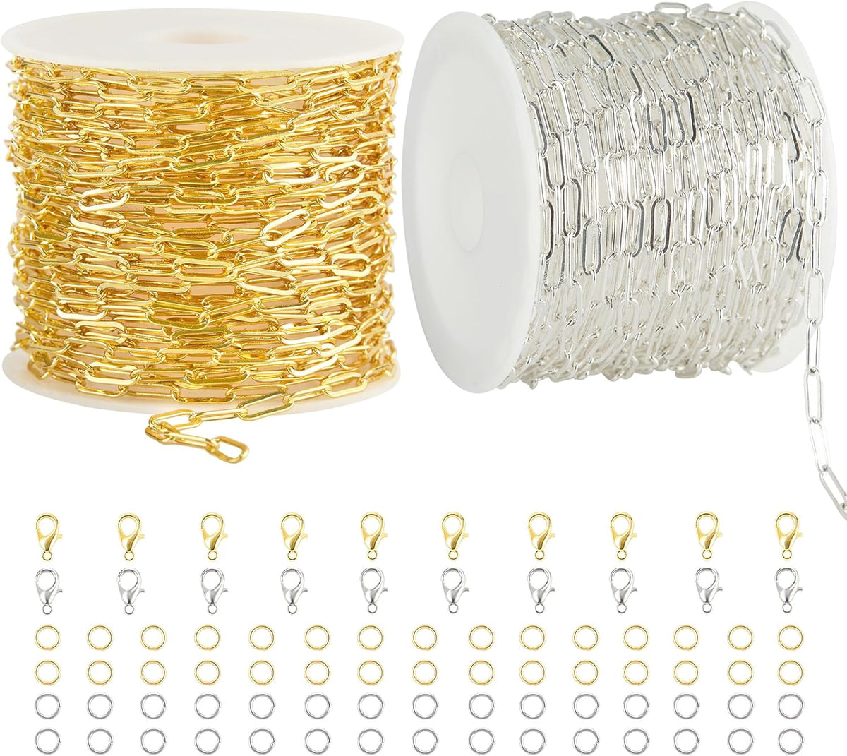2 Rolls Paperclip Chain for Jewelry Making 32.8 Feet Jewelry Chain Links Silver and Gold Chains Bulk with Lobster Clasps and Jump Rings for DIY Craft Finding Jewelry Making Supplies