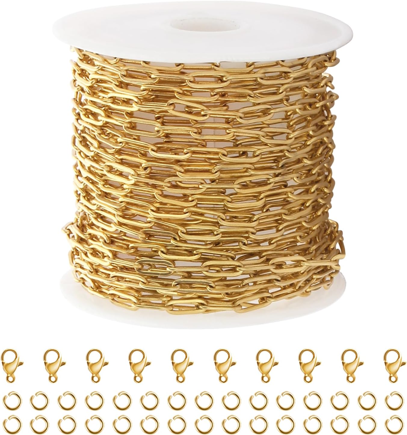 5M Gold PVD Plated Necklace Chain for Jewelry Making 304 Stainless Steel Paperclip Chain Roll with Lobster Clasps and Jump Rings for Men Women Making Jewelry Craft Support Jewelry Findings
