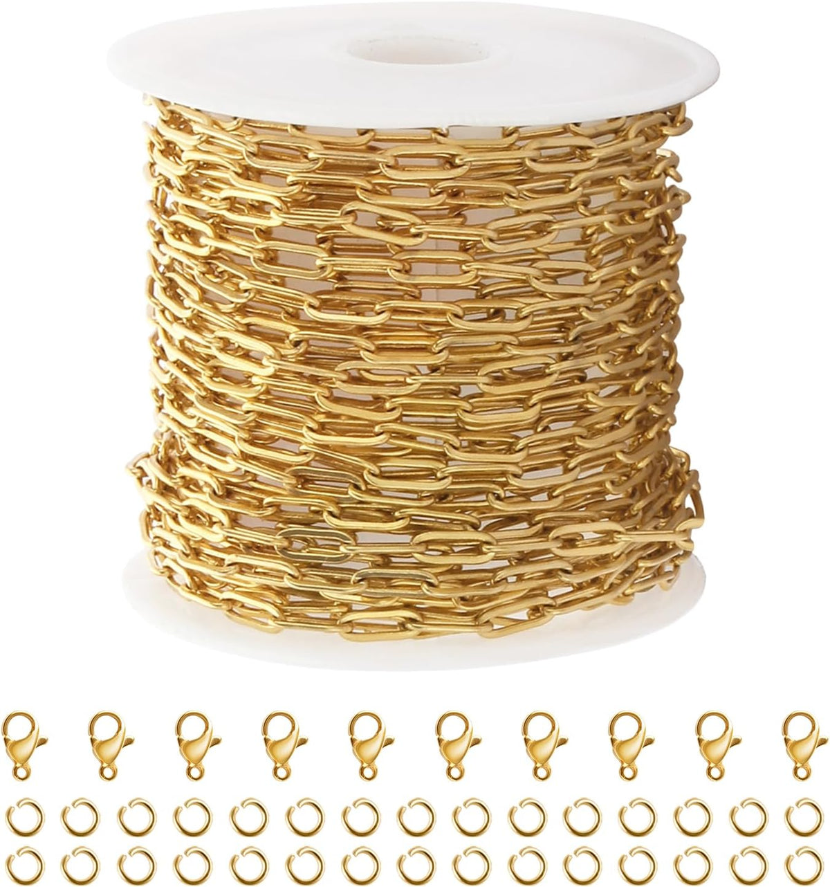5M Gold PVD Plated Necklace Chain for Jewelry Making 304 Stainless Steel Paperclip Chain Roll with Lobster Clasps and Jump Rings for Men Women Making Jewelry Craft Support Jewelry Findings