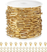 16.4 Feet Gold PVD Plated Chains for Jewelry Making 4MM Paperclip Chain Link on Roll Stainless Steel Chain Bulk with Lobster Clasps and Jump Rings for Women Men Necklace Making Supplies