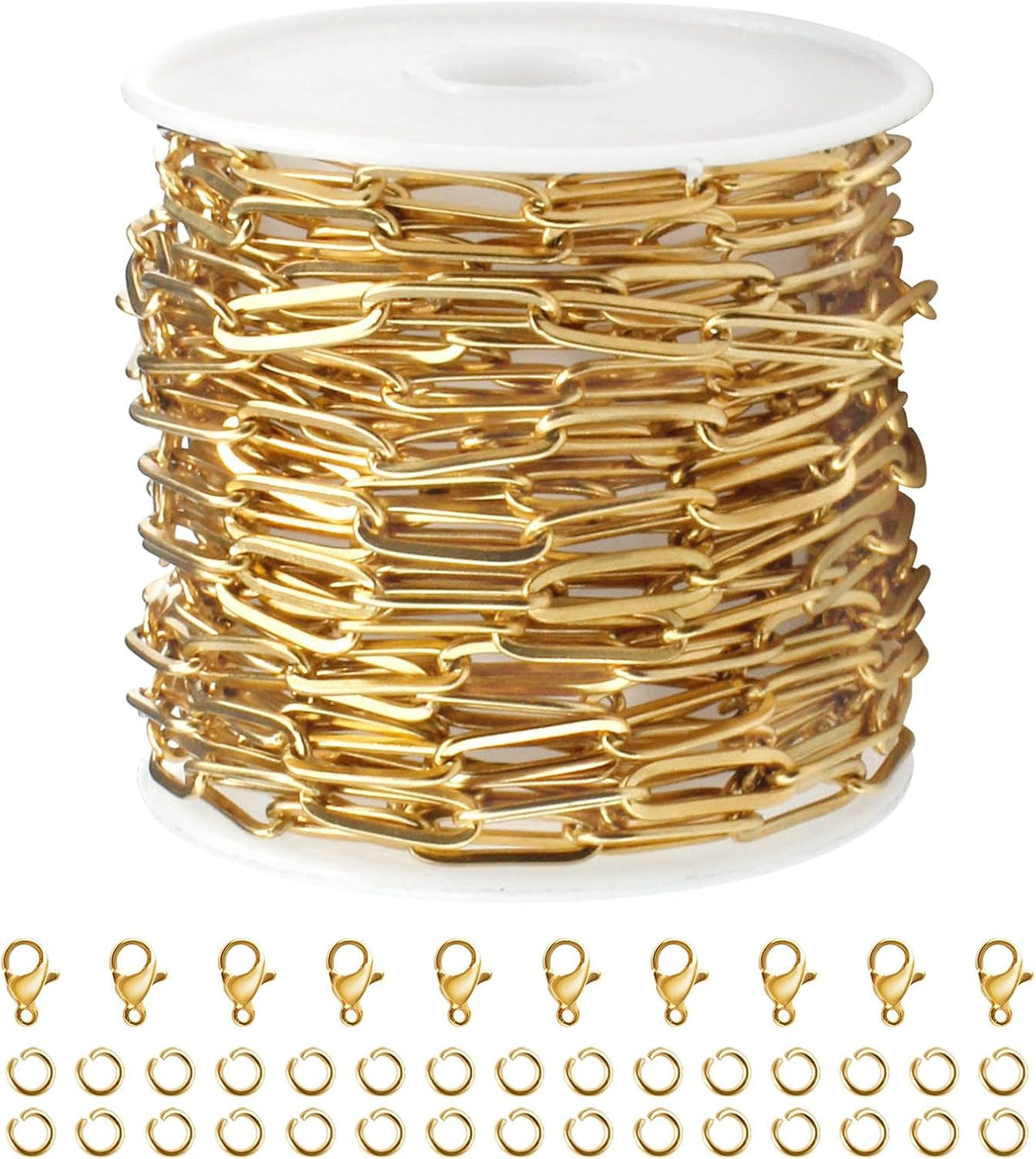 16.4 Feet Gold PVD Plated Chains for Jewelry Making 4MM Paperclip Chain Link on Roll Stainless Steel Chain Bulk with Lobster Clasps and Jump Rings for Women Men Necklace Making Supplies