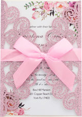 50Pcs Wedding Invitations with Envelopes and Rsvp Cards Pink Glitter Laser Cut Invitations with Pink Ribbons for Engagement Brithday Quinceanera Invites